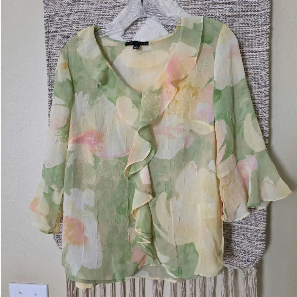 NWT Sara Michelle Sheer Floral Blouse Size S Green Pastel Ruffle Front